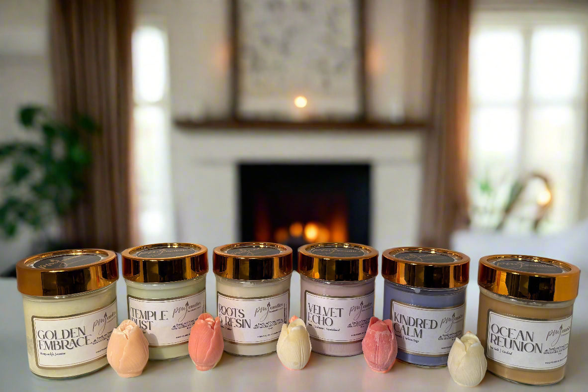 Scented Candle Collections for PMJ Candles. A row of decorative and scented candles perfect for a cozy and warm aesthetic.