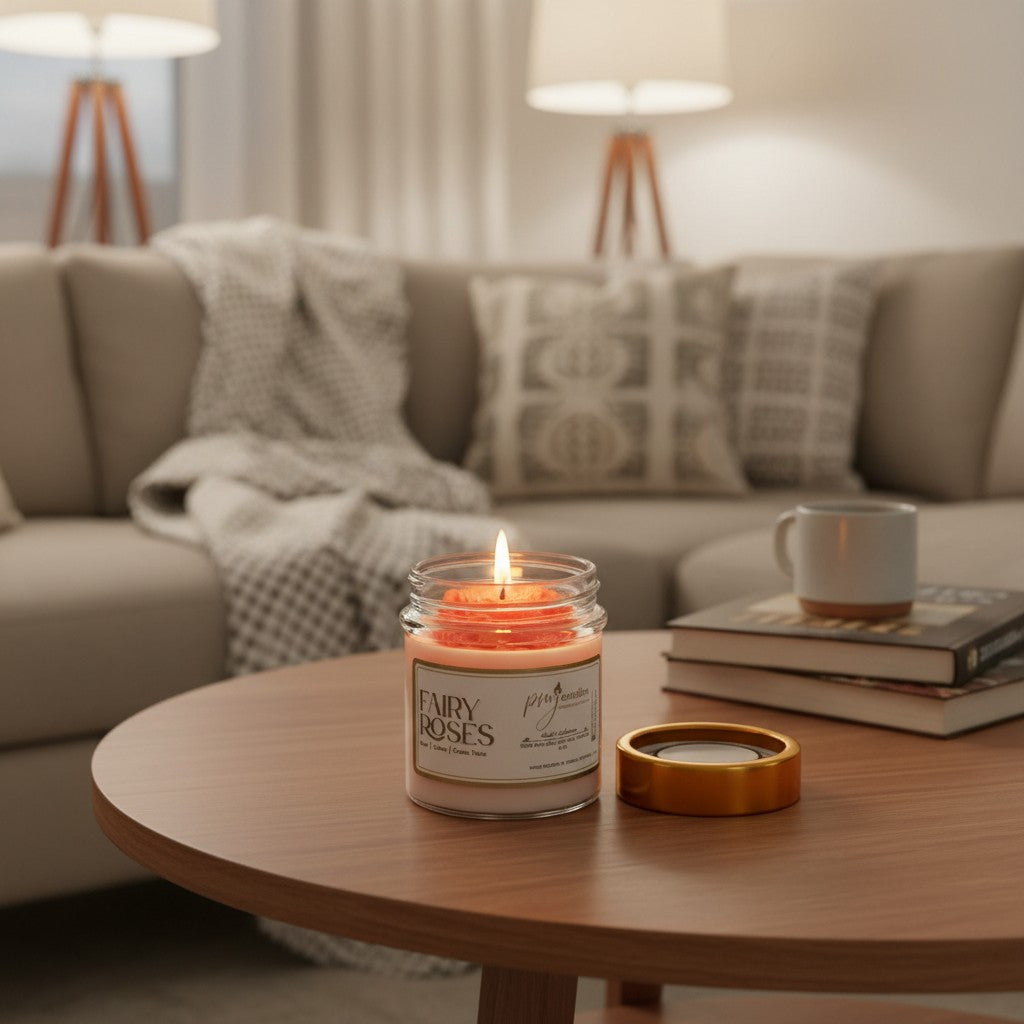 PMJ Candles Fairy Roses soy candle in a glass jar with a lit wick, sitting on a wooden coffee table in a cozy room.
