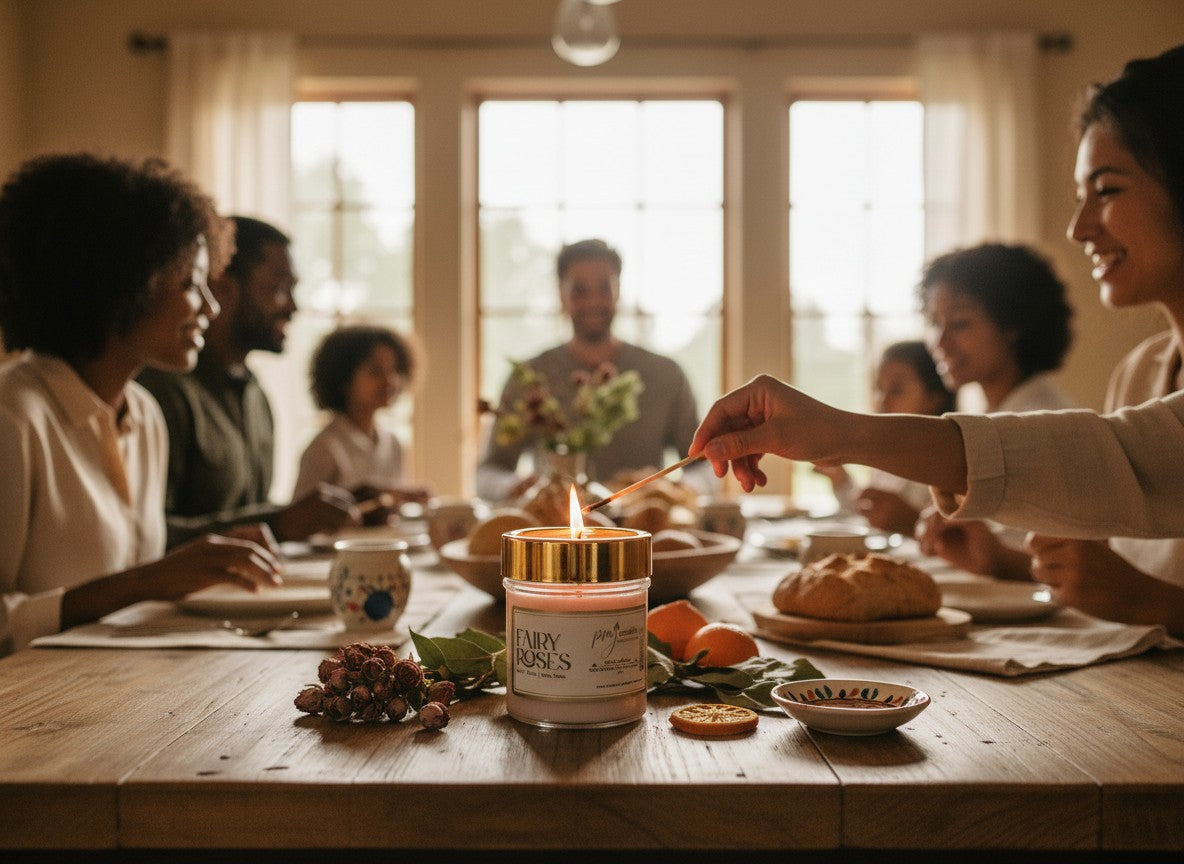 PMJ Candles Fairy Roses soy candle being lit on a dining table with a family gathering in the background