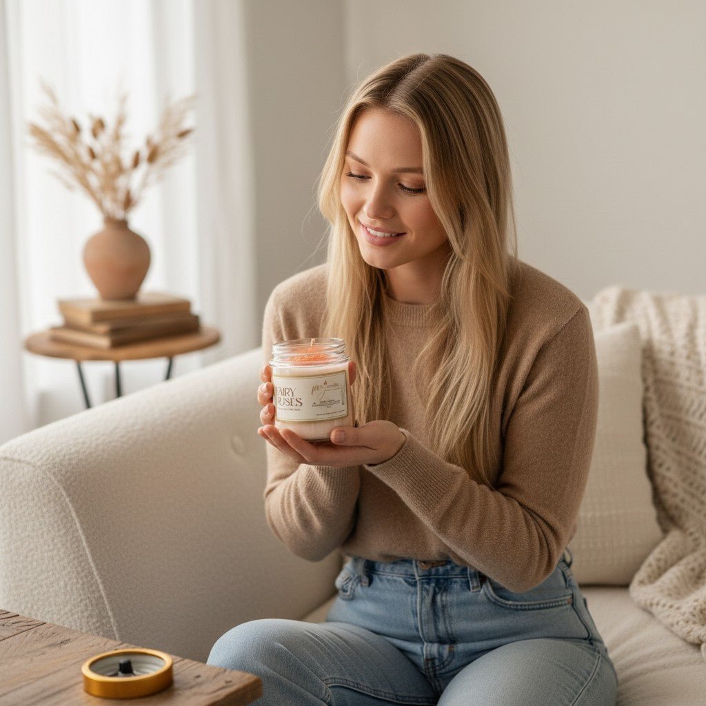 A woman holding a PMJ Candles Fairy Roses soy candle in a glass jar, featuring rose and citrus scents in a cozy room.