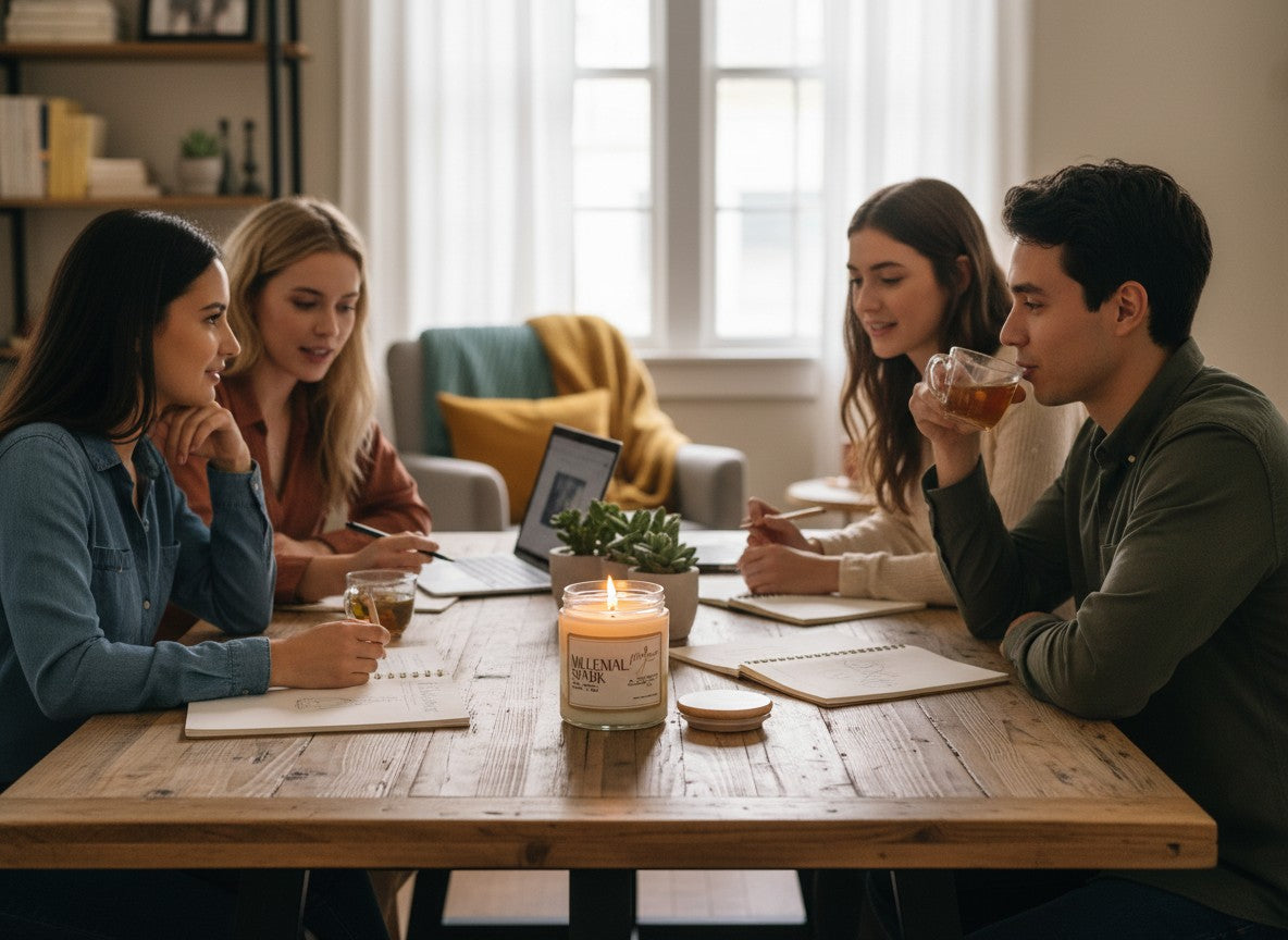 PMJ Candles Millennial Spark soy wax candle burning on a wooden table surrounded by a group of friends studying