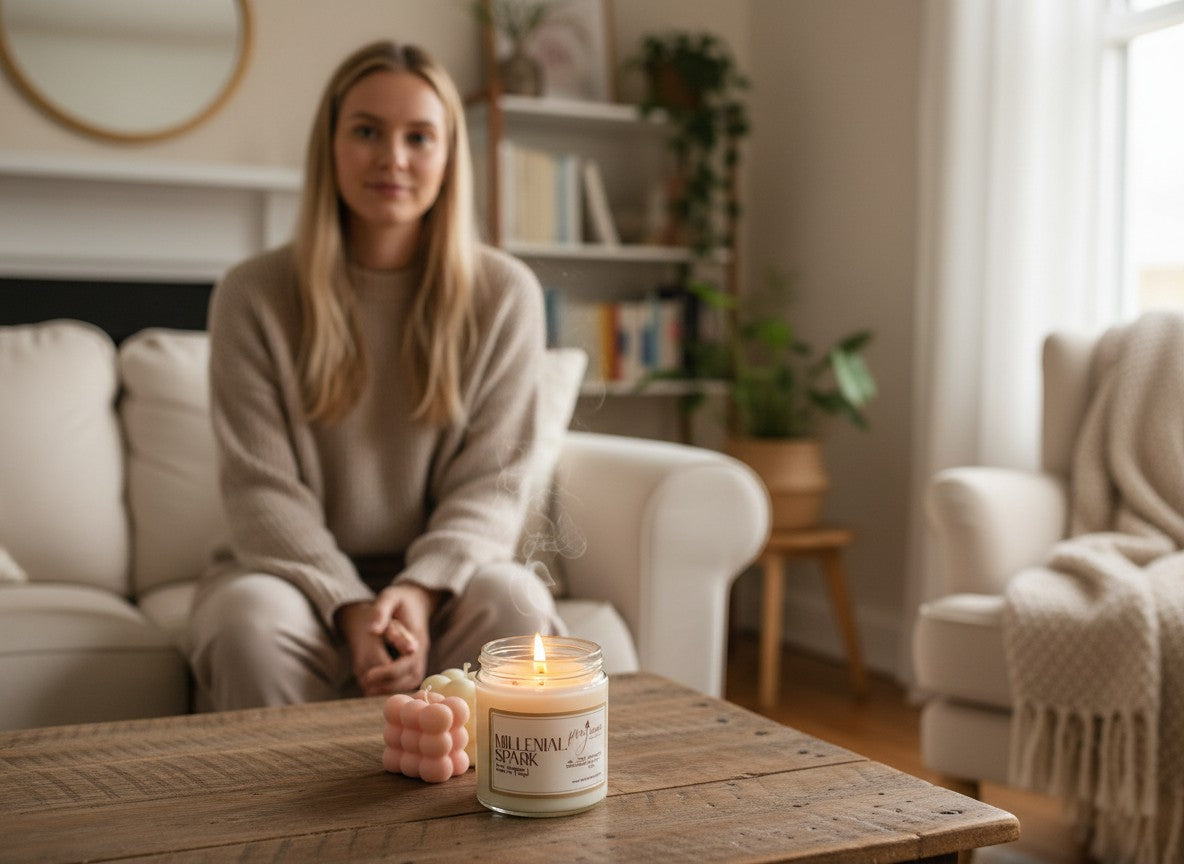 PMJ Candles Millennial Spark soy wax candle with citrus and ginger scent burning on a wooden table in a cozy room.