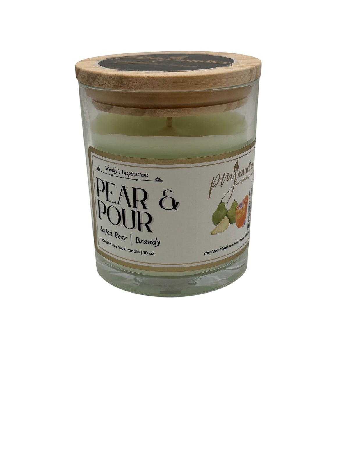 PMJ Candles Pear & Pour soy wax candle in a glass jar with a wooden lid, featuring Anjou Pear and Brandy scent.