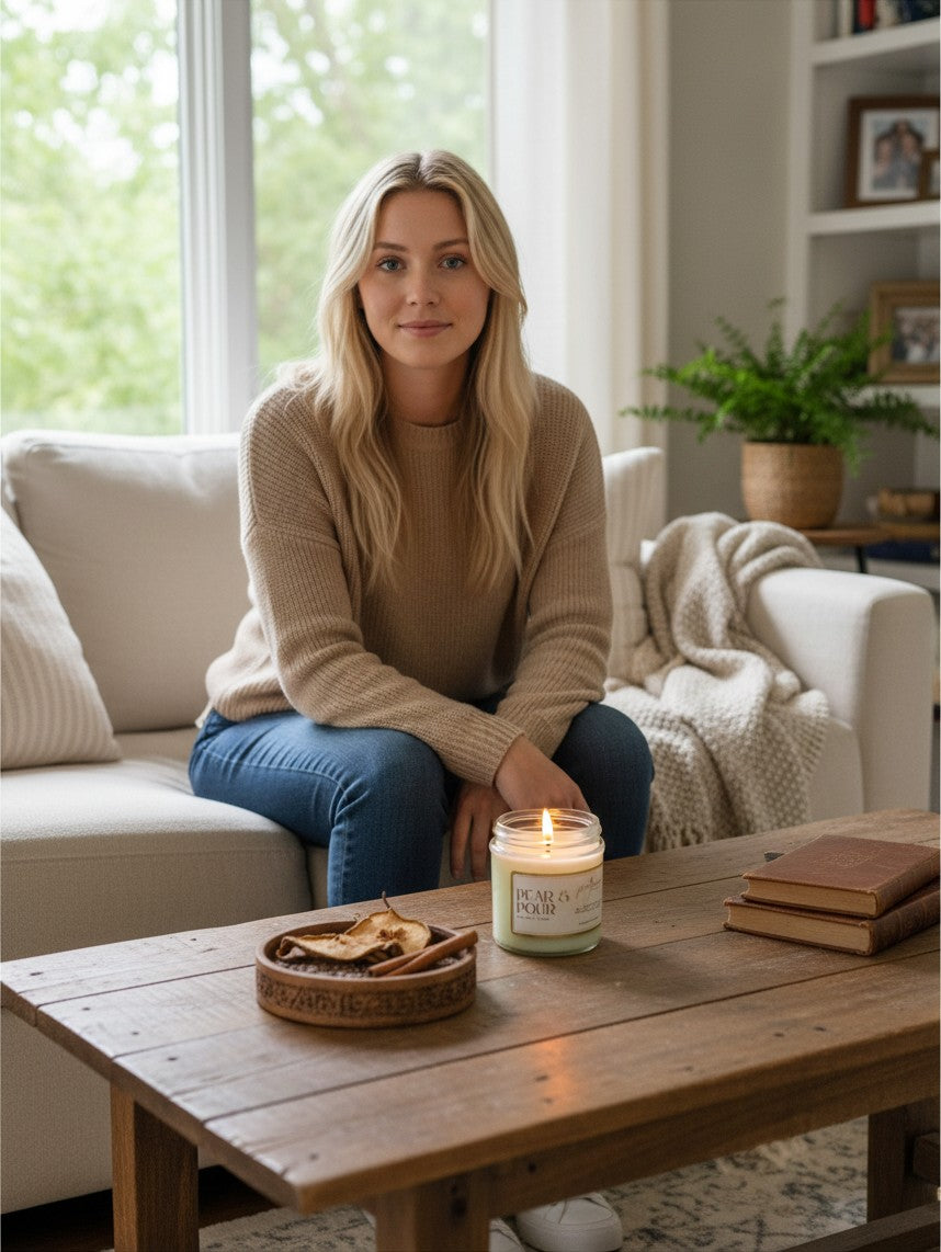 PMJ Candles Pear & Pour soy wax candle on a wooden coffee table with a woman sitting on a sofa in a cozy living room