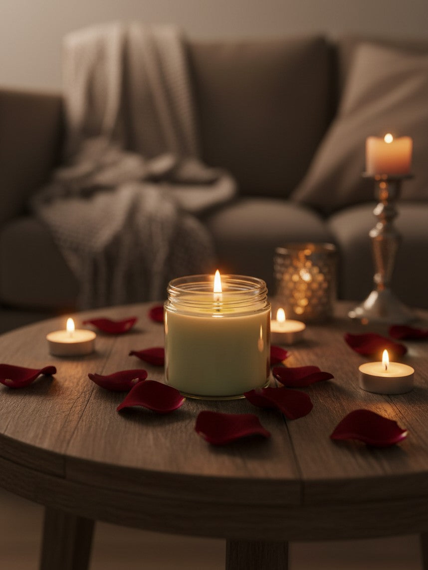 PMJ Candles Pear & Pour soy wax candle in a glass jar surrounded by tea lights and red rose petals on a wooden table.