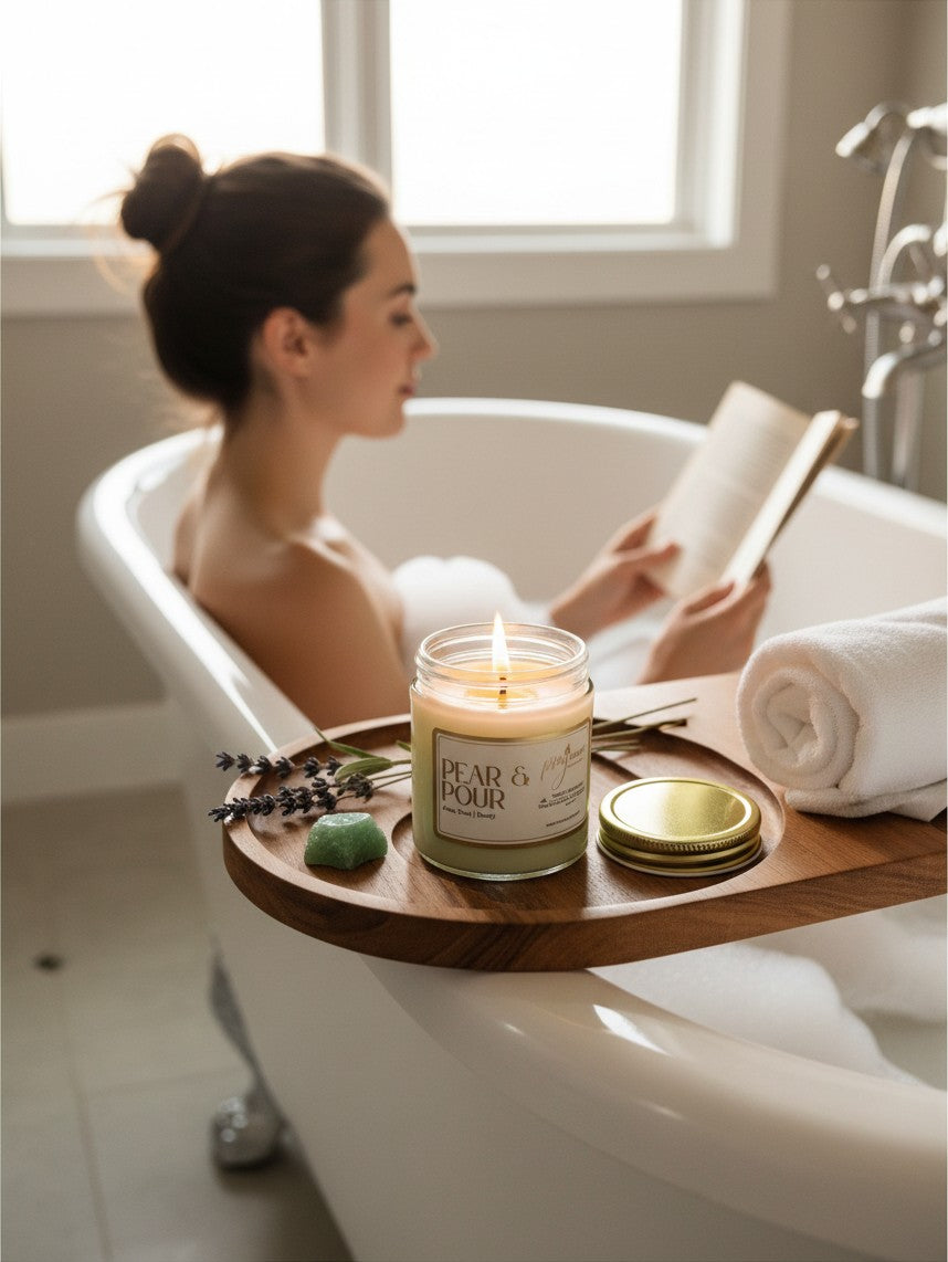PMJ Candles Pear & Pour soy wax candle with a lit wick on a wooden bath tray next to a woman relaxing in a bathtub.
