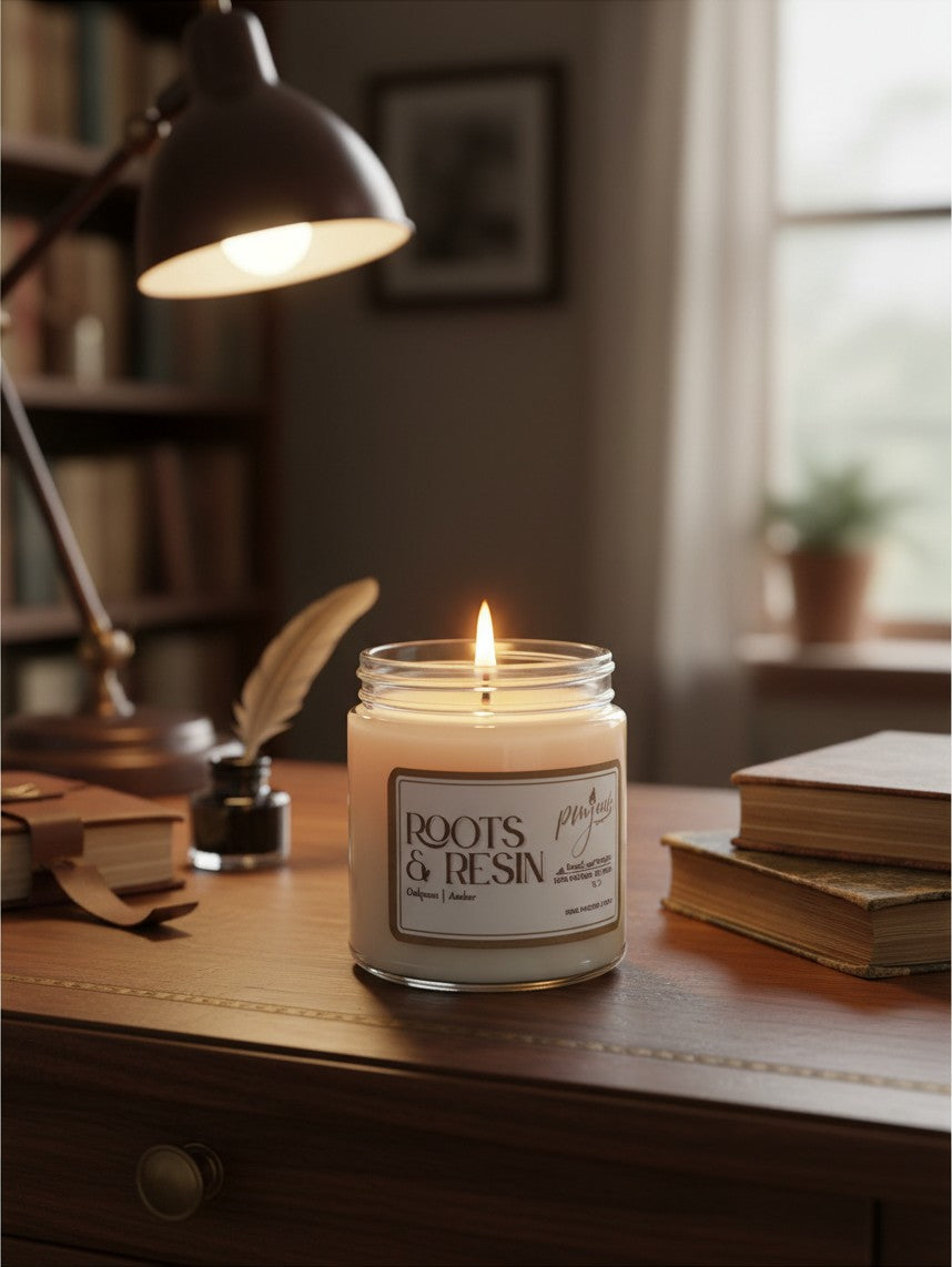 PMJ Candles Roots and Resin scented candle with cedarwood and amber in a glass jar on a wooden desk with books.