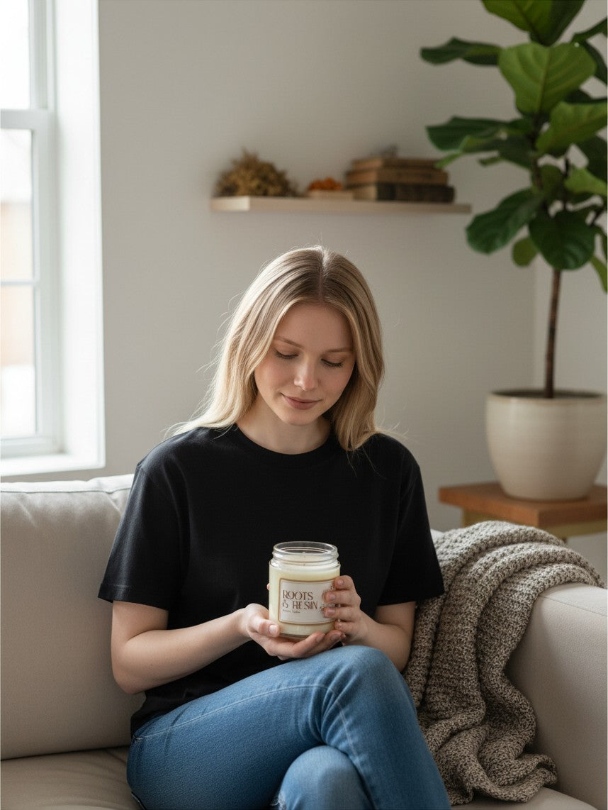 A woman holding a PMJ Candles Roots and Resin scented candle in a glass jar while sitting on a cozy living room sofa.