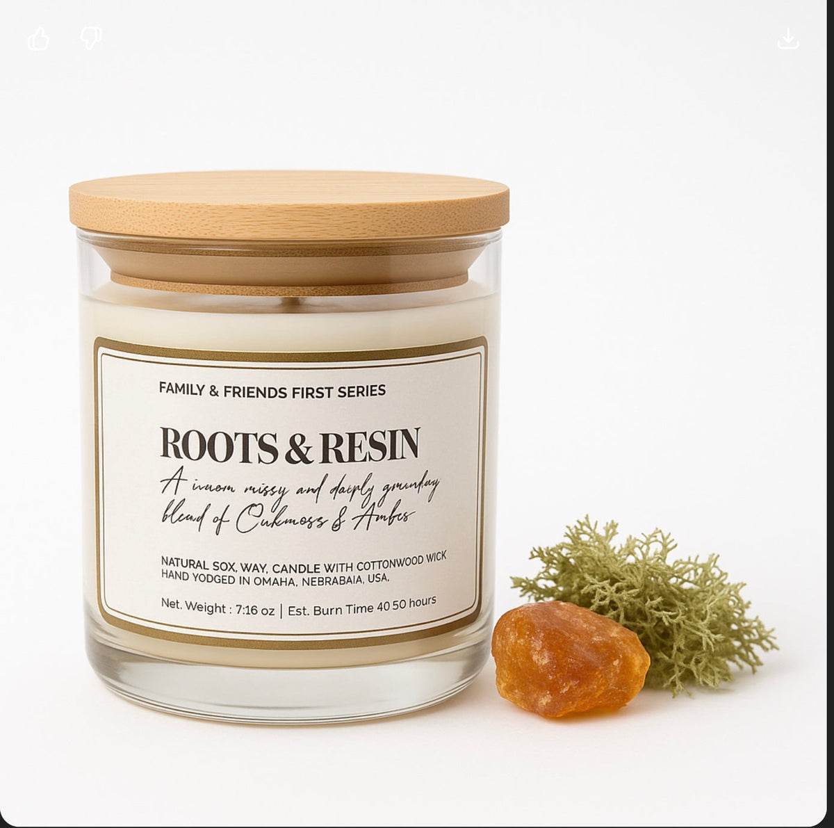 PMJ Candles Roots and Resin soy wax candle in a glass jar with a wooden lid, featuring amber resin and dried moss.