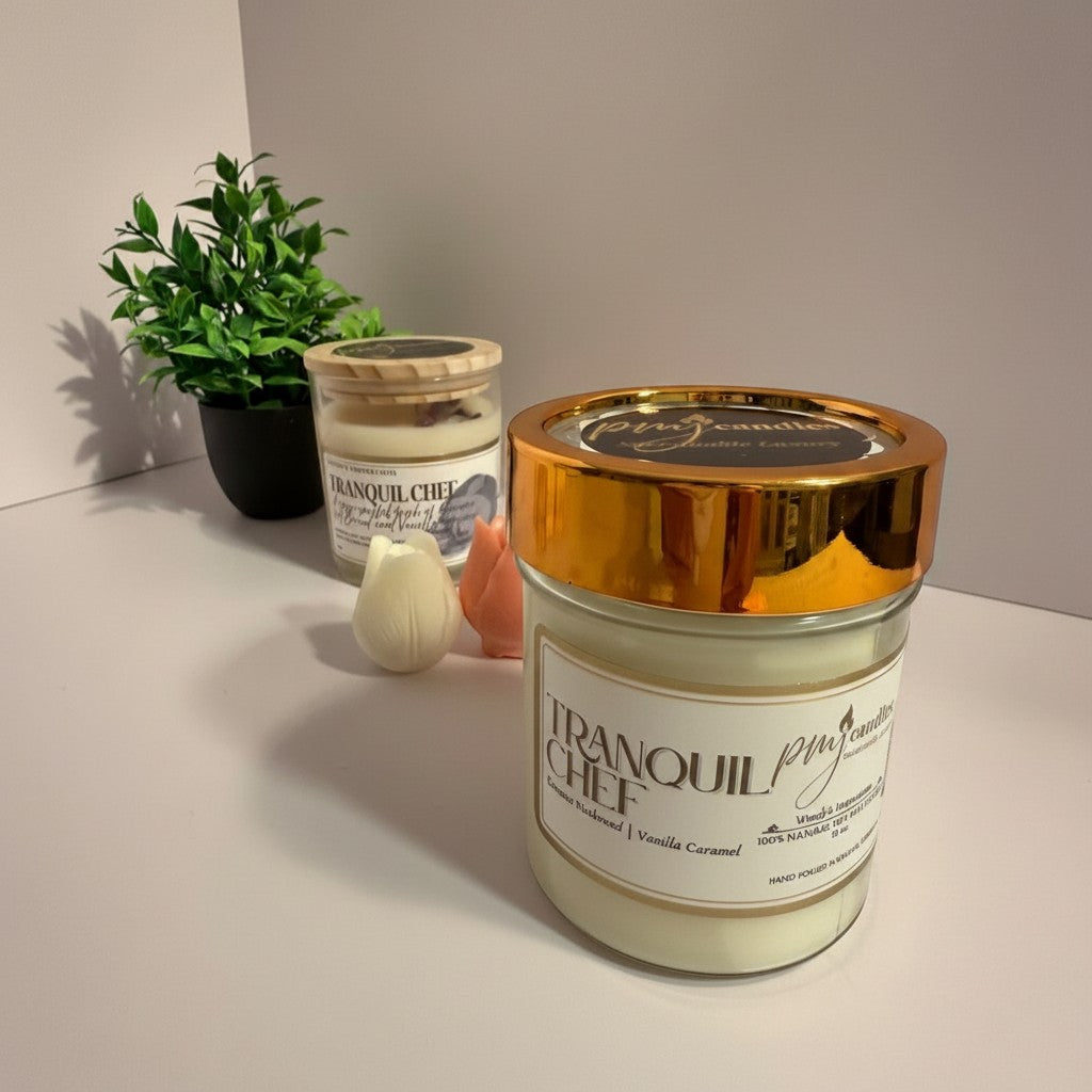 PMJ Candles Tranquil Chef scented candle with gold lid, featuring banana nut bread and vanilla caramel fragrance.