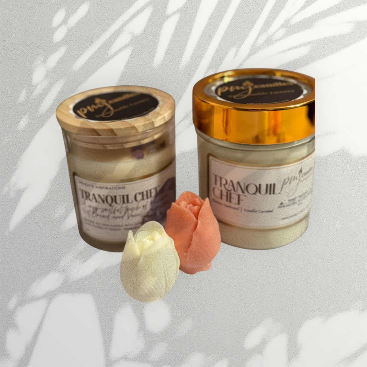 PMJ Candles Tranquil Chef scented candles with banana nut bread and vanilla caramel aroma and tulip-shaped wax melts