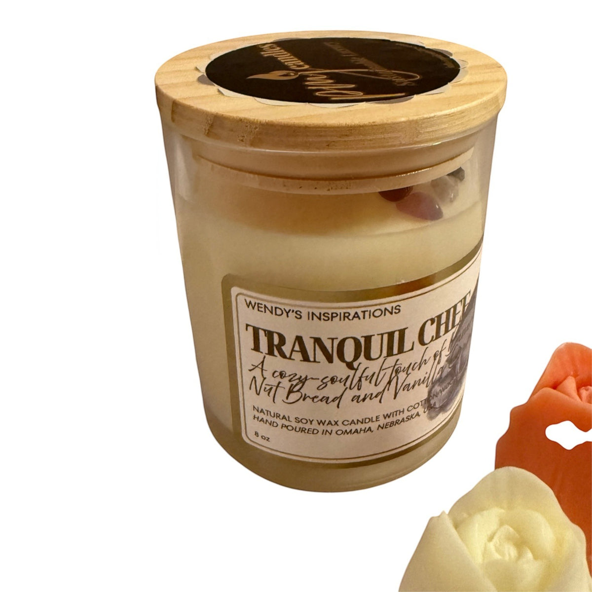 PMJ Candles Tranquil Chef soy wax candle in a glass jar with a wooden lid, featuring banana nut and vanilla scent.